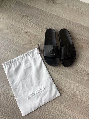 Jimmy Choo Black Leather Logo Slide Sandals with Embossed JC